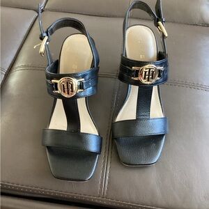 Tommy Hilfiger Black Leather Sandals with Gold Buckle